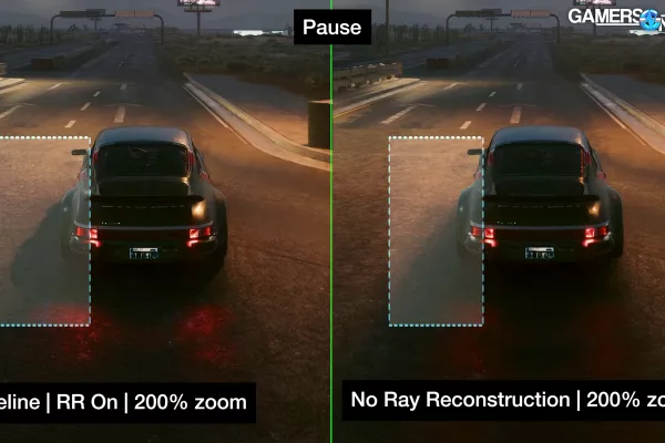 Screenshot of comparison of Cyberpunk 2077 with ray reconstruction feature on and off