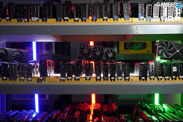 GPUs on shelves with lights